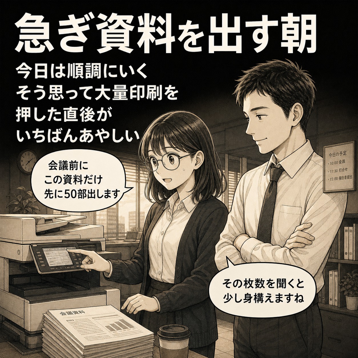 急ぎの資料を印刷する朝のひとこま